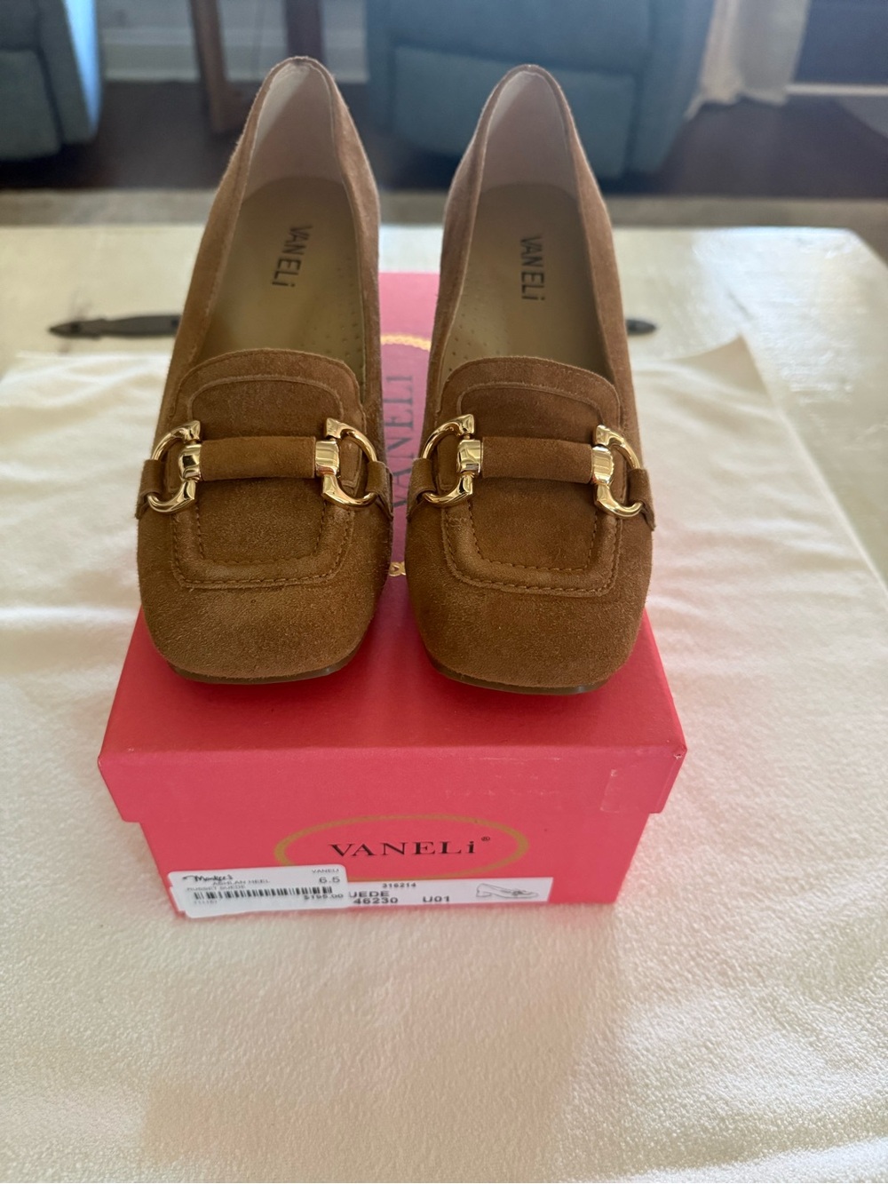 Vaneli Brown Suede Loafers with Gold Chain Accent